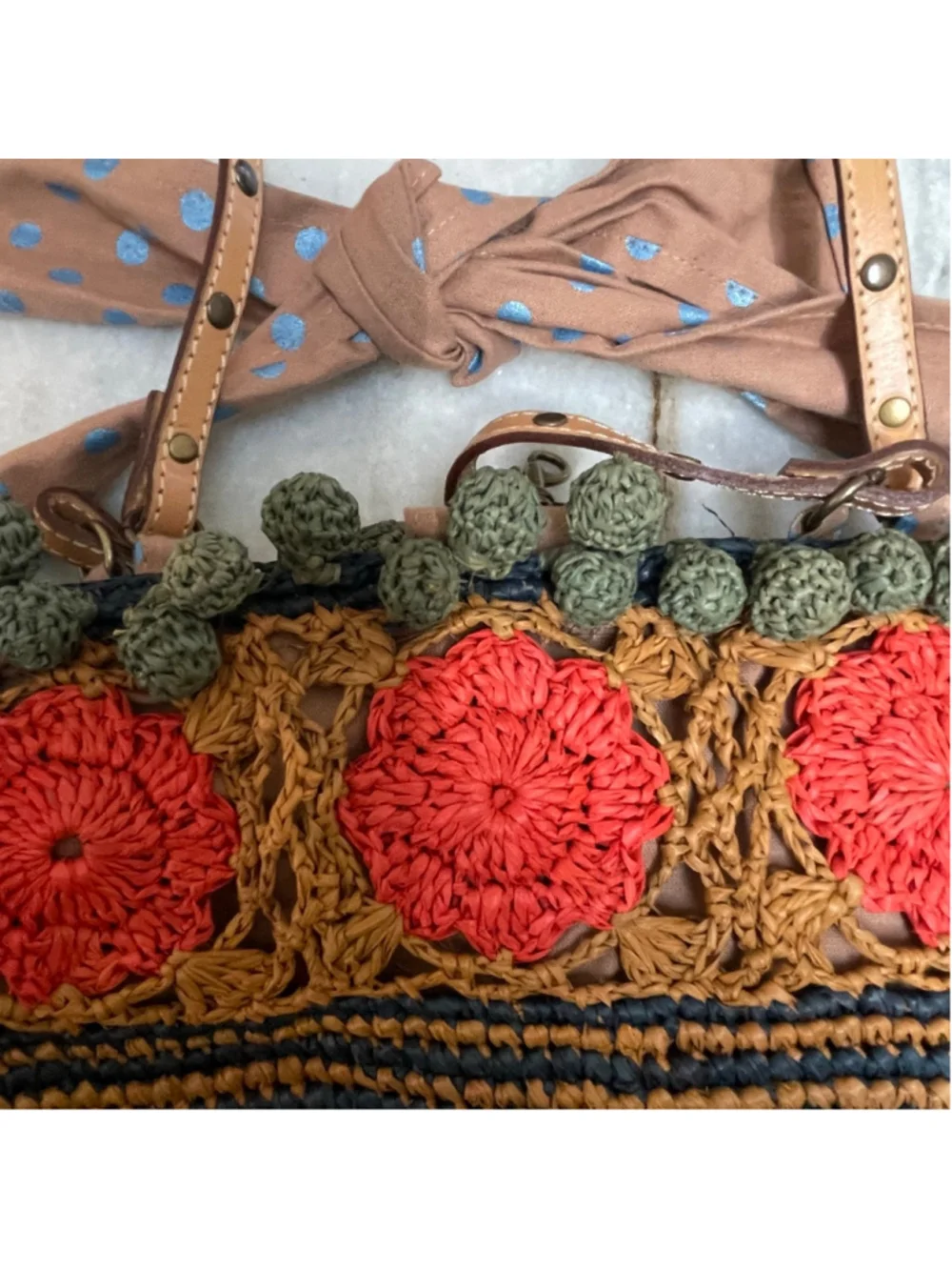 Sans-Arcidet Paris Raffia Straw Tote Bag Boho Crochet Pom Pom Beach